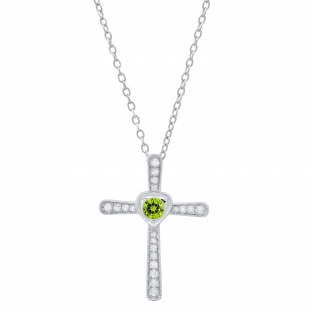 3.5 mm Round Peridot & White Diamond Ladies Heart Cross Religious Pendant, Sterling Silver
