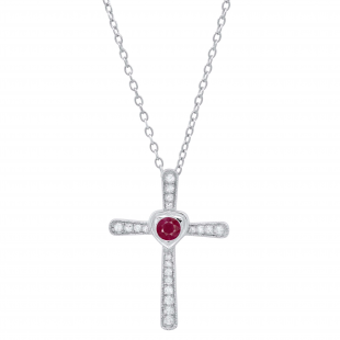 3.5 mm Round Ruby & White Diamond Ladies Heart Cross Religious Pendant, Sterling Silver
