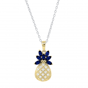 4X2mm Marquise Blue Sapphire & Round Diamond Ladies Pineapple Pendant with 18 inch Silver Chain, 18K Yellow