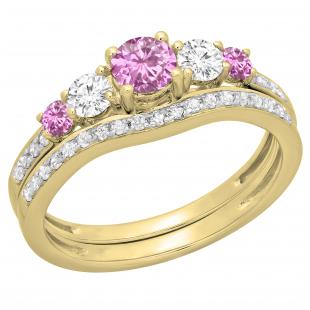 Round Pink Sapphire & White Diamond 5 Stone Bridal Engagement Ring Wedding Ring Set 18K Yellow Gold