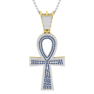 Round Blue Sapphire & White Diamond Ankh Mens Cross Pendant, 18K Yellow Gold