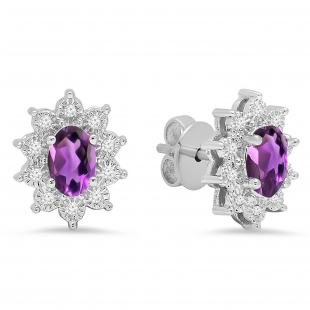 6X4 MM Each Oval Amethyst & Round White Diamond Ladies Flower Shape Stud Earrings 10K White Gold