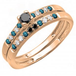 0.40 Carat (ctw) Round Black Blue & White Diamond Ladies Engagement Ring Set 14K Rose Gold