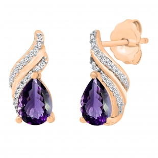 7X5mm Pear Amethyst & Round White Diamond Swirl Stud Earrings for Women in 18K Rose Gold