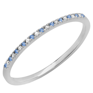 Round Blue Sapphire & White Diamond Ladies Dainty Wedding Band Stackable Ring 14K White Gold