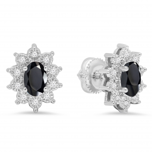 6X4 mm Oval Onyx & Round White Diamond Ladies Flower Cluster Fashion Stud Earrings 14K White Gold