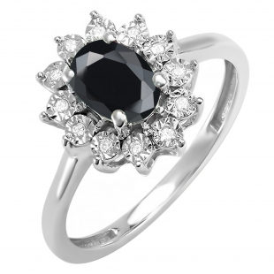 7X5 mm Oval Onyx & Round White Diamond Ladies Flower Cluster Royal Engagement Ring 10K White Gold