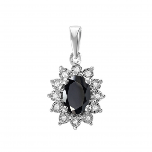 7X5 mm Oval Onyx & Round White Diamond Ladies Fashion Halo Pendant, 14K White Gold