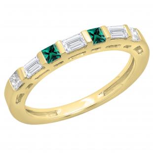 Princess Emerald with Baguette & Princess Diamond Ladies Stackable Wedding Band 14K Yellow Gold
