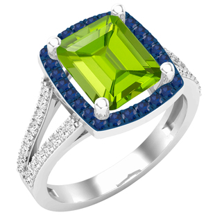 9X8 mm Octagon Peridot Round Blue Sapphire & White Diamond Engagement Ring 925 Sterling Silver