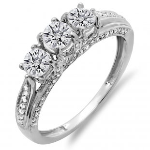 1.00 Carat (ctw) 18k White Gold Round Diamond Ladies Vintage Bridal 3 Stone Engagement Ring 1 CT