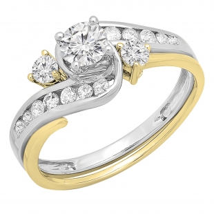 0.90 Carat (ctw) 14K White & Yellow Gold Round Diamond Ladies Swirl Bridal Two Tone Engagement Ring Set