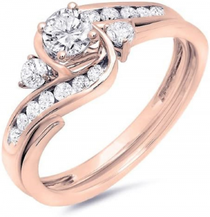 0.92 Carat (ctw) 14K Rose Gold Round Cut Diamond Ladies Swirl Bridal Engagement Ring With Matching Band Set 3/4 CT