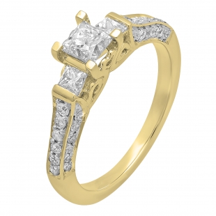 1.00 Carat (ctw) 18k Yellow Gold Princess & Round 3 Stone Diamond Ladies Bridal Engagement Ring