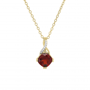 7X7 mm Cushion Garnet & 0.02 ct Round White Diamond Swirl Spilt Shank Ladies Pendant with Gold Chain 18 Inch | 10K Yellow Gold
