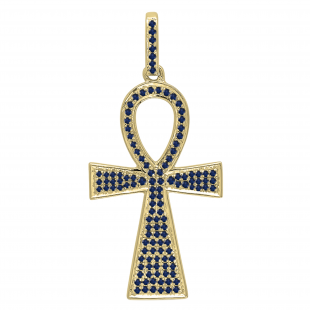 Round Blue Sapphire Unisex Micro Pave Ankh Cross Pendant (Chain Not Included), 18K Yellow Gold
