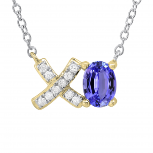 7X5mm Oval Tanzanite & 0.11 CT Round White Diamond Alphabet Pendant for Women with 18 Inch Silver Chain in 18K Yellow Gold