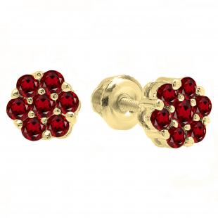 Round Garnet Ladies Cluster Style Flower Stud Earrings 10K Yellow Gold