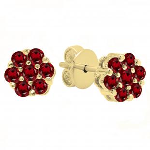 Round Garnet Ladies Cluster Style Flower Stud Earrings 14K Yellow Gold