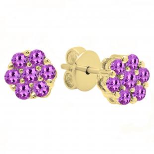 Round Amethyst Ladies Cluster Style Flower Stud Earrings 10K Yellow Gold