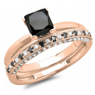 1.50 Carat (ctw) 18K Rose Gold Princess Cut Black & Round White Diamond Ladies Bridal Solitaire Engagement Ring With Matching Milgrain Wedding Band Set 1 1/2 CT
