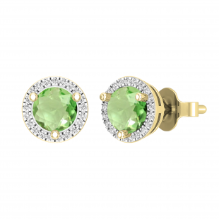 5mm Round Center Peridot & White Diamond Halo Circle Push Back Stud Earrings for Women (0.12 ctw, Color I-J, Clarity I1-I2) in 18K Yellow Gold