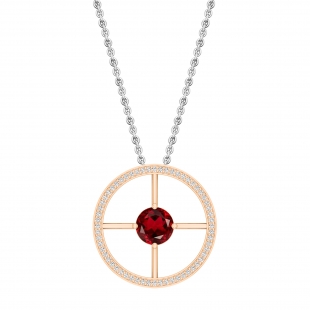 8mm Round Solitaire Garnet & White Diamond Wheel Style Circle Pendant Necklace for Women in 18K Rose Gold