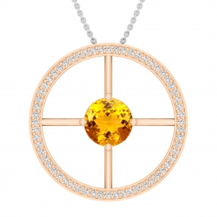 8mm Round Solitaire Citrine & White Diamond Wheel Style Circle Pendant Necklace for Women with 18 inch Silver Chain in 18K Rose Gold