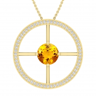 8mm Round Citrine and White Diamonds Wheel Style Circle Solitaire Pendant for Women with 18 inch Gold Chain in 18K Yellow Gold