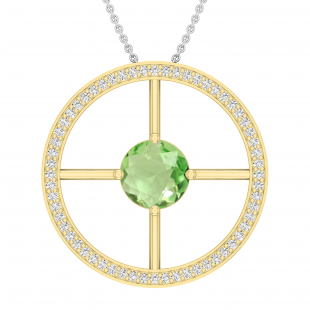 8mm Round Solitaire Peridot & White Diamond Wheel Style Circle Pendant for Women with 18 inch Silver Chain in 18K Yellow Gold