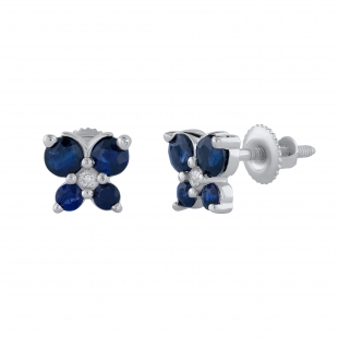 5 Stone Round Blue Sapphire and Accent White Diamond Elegant Butterfly Shape Screw Back Stud Earrings for Women, 925 Sterling Silver