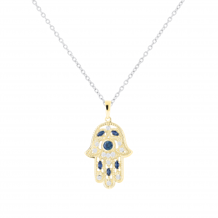Round & Marquise Blue Sapphire & Round White Diamond Hamsa Hand of Fatima Pendant For Her | 18K Yellow Gold