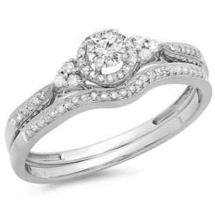 0.33 Carat (ctw) 18k White Gold Round Diamond Ladies Halo Style Bridal Engagement Ring Matching Band Set 1/3 CT