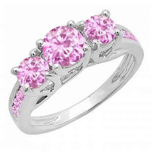 Round Pink Sapphire 3 Stone Engagement Ring for Women (Color Pink Clarity Highly Included) in 14K White Gold