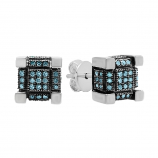 Round Blue Diamond Cube Cluster Unisex Miligrain Earrings in 925 Sterling Silver in Push Back
