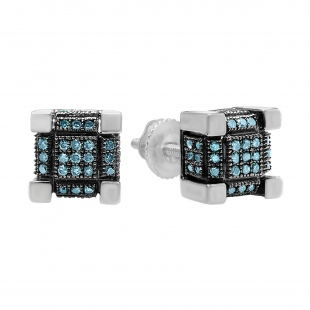 Round Blue Diamond Cube Cluster Unisex Miligrain Earrings in 925 Sterling Silver in Screw Back