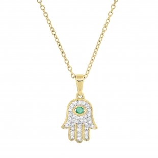 2mm Round Natural Emerald & White Diamond Traditional Hamsa Hand Pendant with 18 inch Gold Chain for Her in 18K Yellow Gold