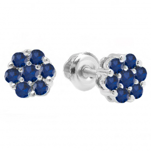 0.40 Carat (ctw) 14K White Gold Round Cut Blue Sapphire Ladies Cluster Flower Stud Earrings