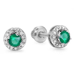 0.45 Carat (ctw) 18K White Gold Round Green Emerald & White Diamond Ladies Halo Style Stud Earrings 1/2 CT