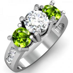 2.00 Carat (ctw) 14K White Gold Round Green Peridot & White Diamond Ladies 3 Stone Engagement Bridal Ring 2 CT