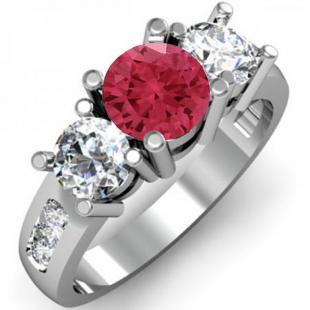 2.00 Carat (ctw) 10K White Gold Round Red Ruby & White Diamond Ladies 3 Stone Engagement Bridal Ring 2 CT