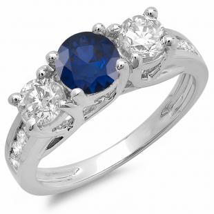 2.00 Carat (ctw) 10K White Gold Round Blue Sapphire & White Diamond Ladies 3 Stone Engagement Bridal Ring 2 CT