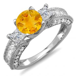 3.15 Carat (ctw) 14k White Gold Round Yellow Citrine & Princess White Diamond Ladies 3 Stone Engagement Bridal Ring