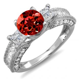 3.15 Carat (ctw) 14k White Gold Round Red Garnet & Princess White Diamond Ladies 3 Stone Engagement Bridal Ring