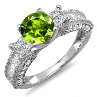3.15 Carat (ctw) 18k White Gold Round Green Peridot & Princess White Diamond Ladies 3 Stone Engagement Bridal Ring