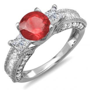 3.15 Carat (ctw) 14k White Gold Round Red Ruby & Princess White Diamond Ladies 3 Stone Engagement Bridal Ring