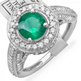 2.56 Carat (ctw) 10K White Gold Round Green Emerald & White Diamond Ladies Vintage Halo Style Engagement Bridal Ring
