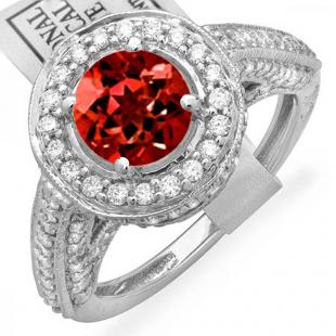2.56 Carat (ctw) 18K White Gold Round Red Garnet & White Diamond Ladies Vintage Halo Style Engagement Bridal Ring