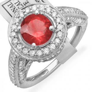 2.56 Carat (ctw) 10K White Gold Round Red Ruby & White Diamond Ladies Vintage Halo Style Engagement Bridal Ring