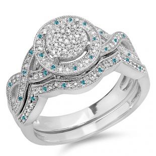0.55 Carat (ctw) 10K White Gold Round Blue And White Diamond Womens Micro Pave Engagement Ring Set 1/2 CT